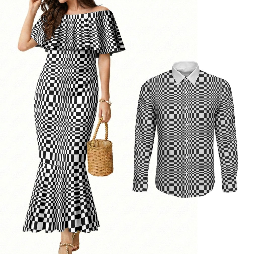 Black White Filipino Binakol Motifs Couples Matching Mermaid Dress and Long Sleeve Button Shirt Mabuhay Philippines Festival Kusikus Pattern LT14 Black - Polynesian Pride