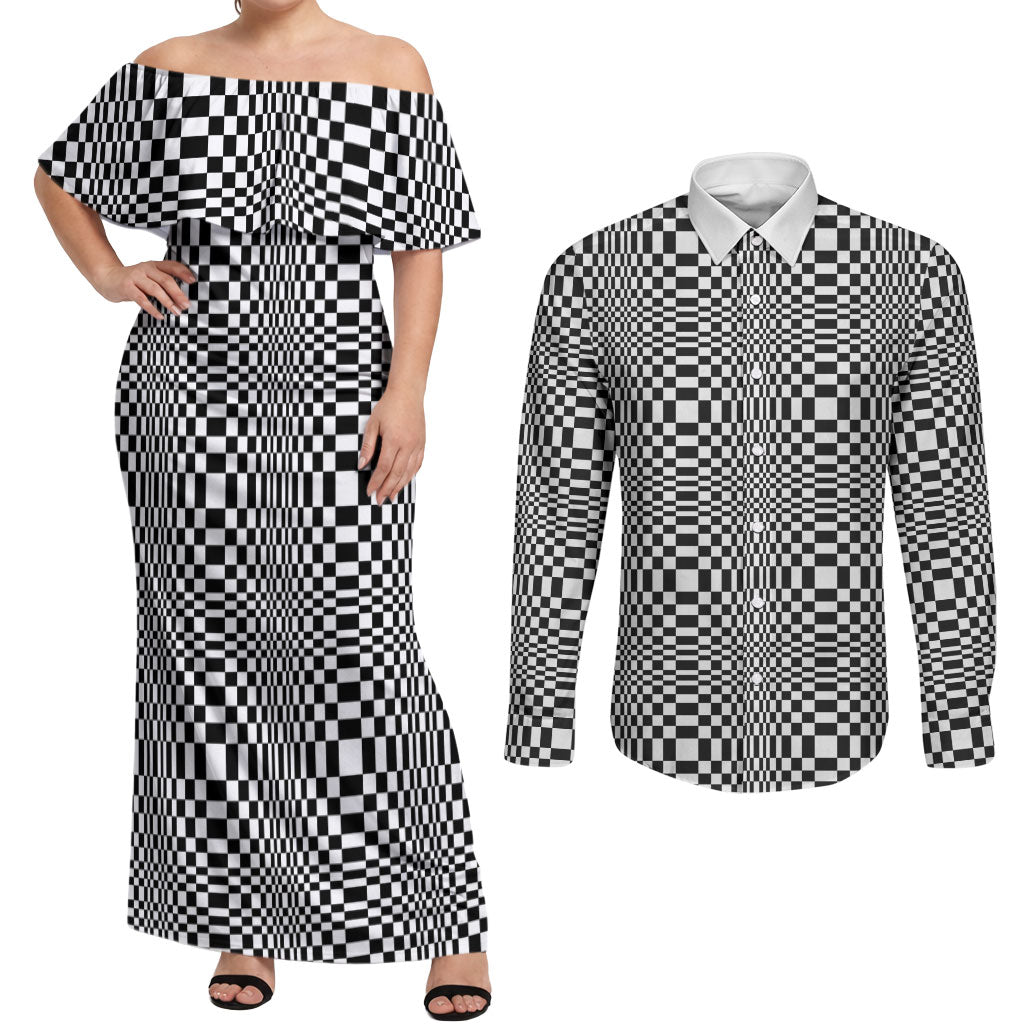 Black White Filipino Binakol Motifs Couples Matching Off Shoulder Maxi Dress and Long Sleeve Button Shirt Mabuhay Philippines Festival Kusikus Pattern LT14 Black - Polynesian Pride