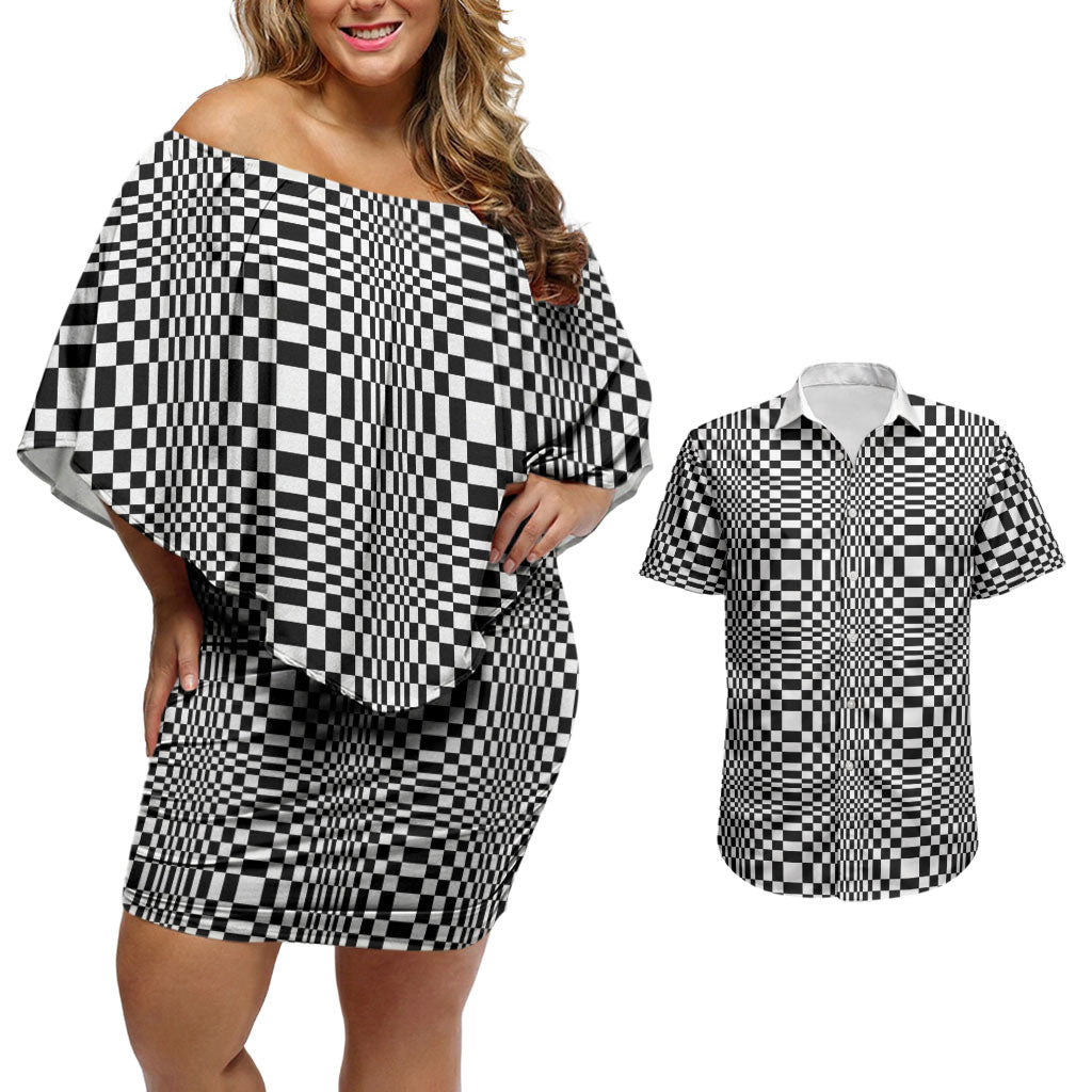 Black White Filipino Binakol Motifs Couples Matching Off Shoulder Short Dress and Hawaiian Shirt Mabuhay Philippines Festival Kusikus Pattern