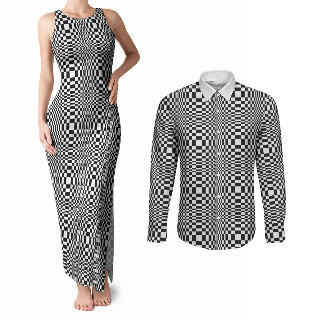 Black White Filipino Binakol Motifs Couples Matching Tank Maxi Dress and Long Sleeve Button Shirt Mabuhay Philippines Festival Kusikus Pattern