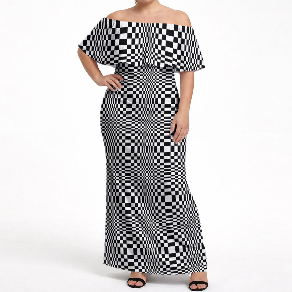 Black White Filipino Binakol Motifs Off Shoulder Maxi Dress Mabuhay Philippines Festival Kusikus Pattern LT14 Women Black - Polynesian Pride