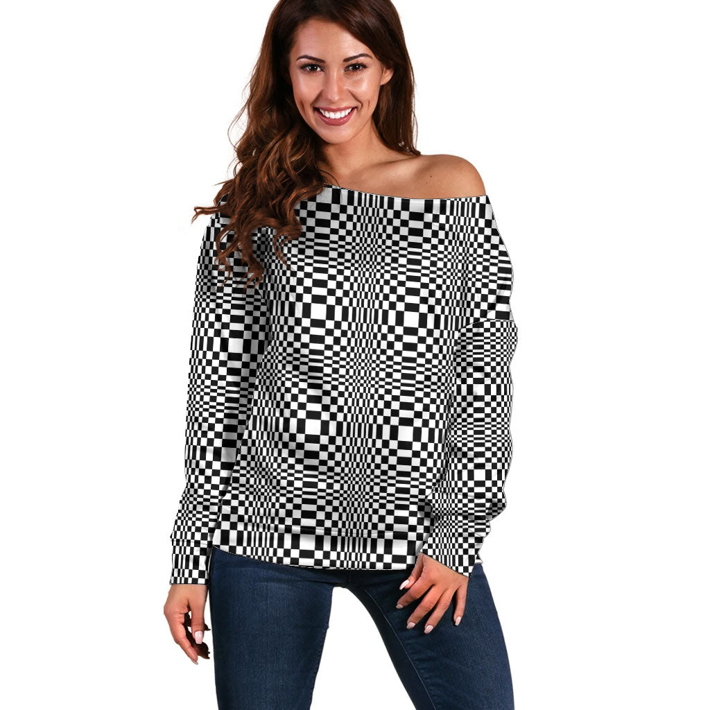 Black White Filipino Binakol Motifs Off Shoulder Sweater Mabuhay Philippines Festival Kusikus Pattern LT14 Women Black - Polynesian Pride