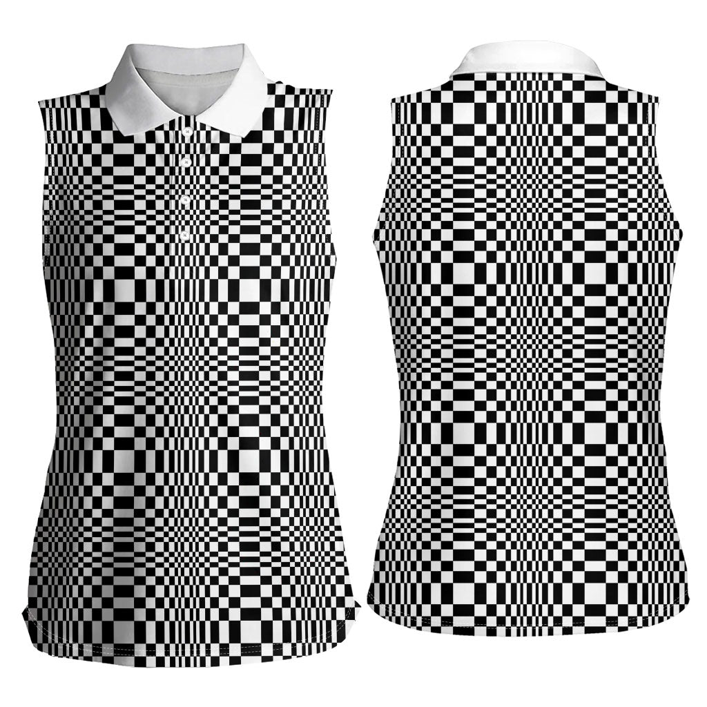 Black White Filipino Binakol Motifs Women Sleeveless Polo Shirt Mabuhay Philippines Festival Kusikus Pattern LT14 - Polynesian Pride