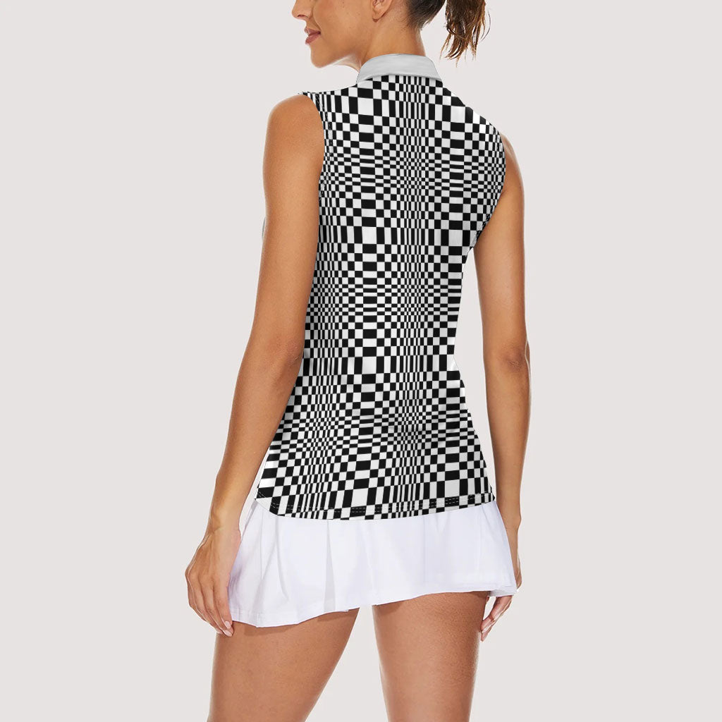 Black White Filipino Binakol Motifs Women Sleeveless Polo Shirt Mabuhay Philippines Festival Kusikus Pattern LT14 - Polynesian Pride