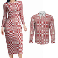 Red White Filipino Binakol Motifs Couples Matching Long Sleeve Bodycon Dress and Long Sleeve Button Shirt Mabuhay Philippines Festival Kusikus Pattern LT14 Red - Polynesian Pride