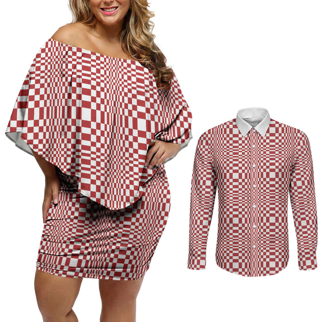 Red White Filipino Binakol Motifs Couples Matching Off Shoulder Short Dress and Long Sleeve Button Shirt Mabuhay Philippines Festival Kusikus Pattern LT14 Red - Polynesian Pride