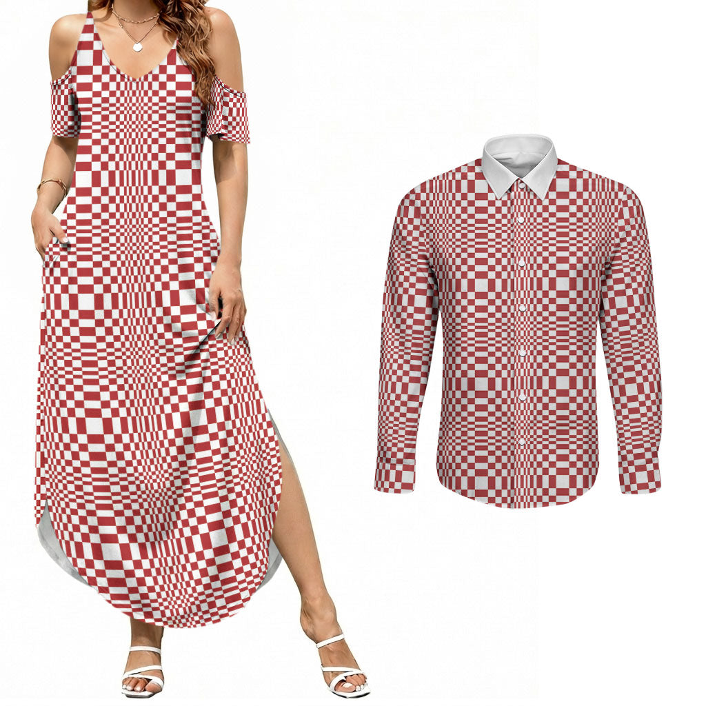 Red White Filipino Binakol Motifs Couples Matching Summer Maxi Dress and Long Sleeve Button Shirt Mabuhay Philippines Festival Kusikus Pattern LT14 Red - Polynesian Pride