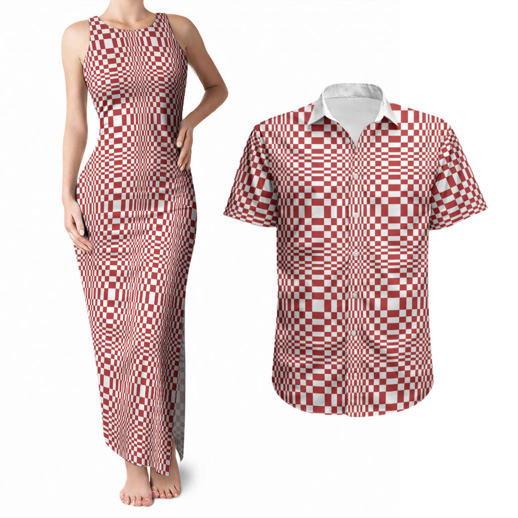 Red White Filipino Binakol Motifs Couples Matching Tank Maxi Dress and Hawaiian Shirt Mabuhay Philippines Festival Kusikus Pattern LT14 Red - Polynesian Pride