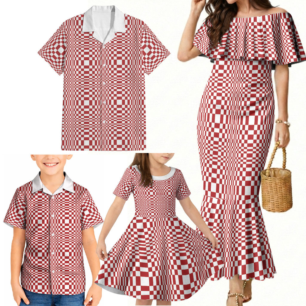 Red White Filipino Binakol Motifs Family Matching Mermaid Dress and Hawaiian Shirt Mabuhay Philippines Festival Kusikus Pattern