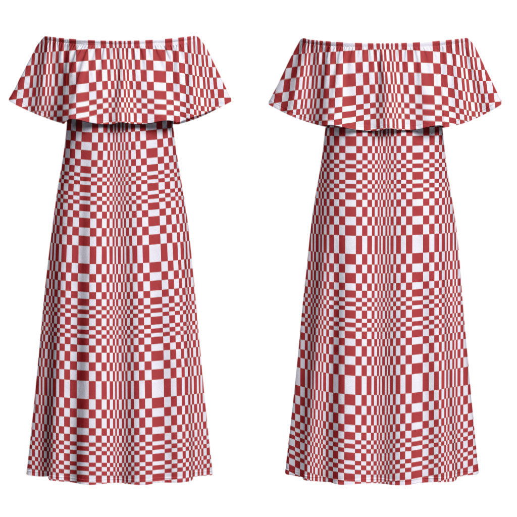 Red White Filipino Binakol Motifs Family Matching Off Shoulder Maxi Dress and Hawaiian Shirt Mabuhay Philippines Festival Kusikus Pattern LT14 Mom's Dress Red - Polynesian Pride