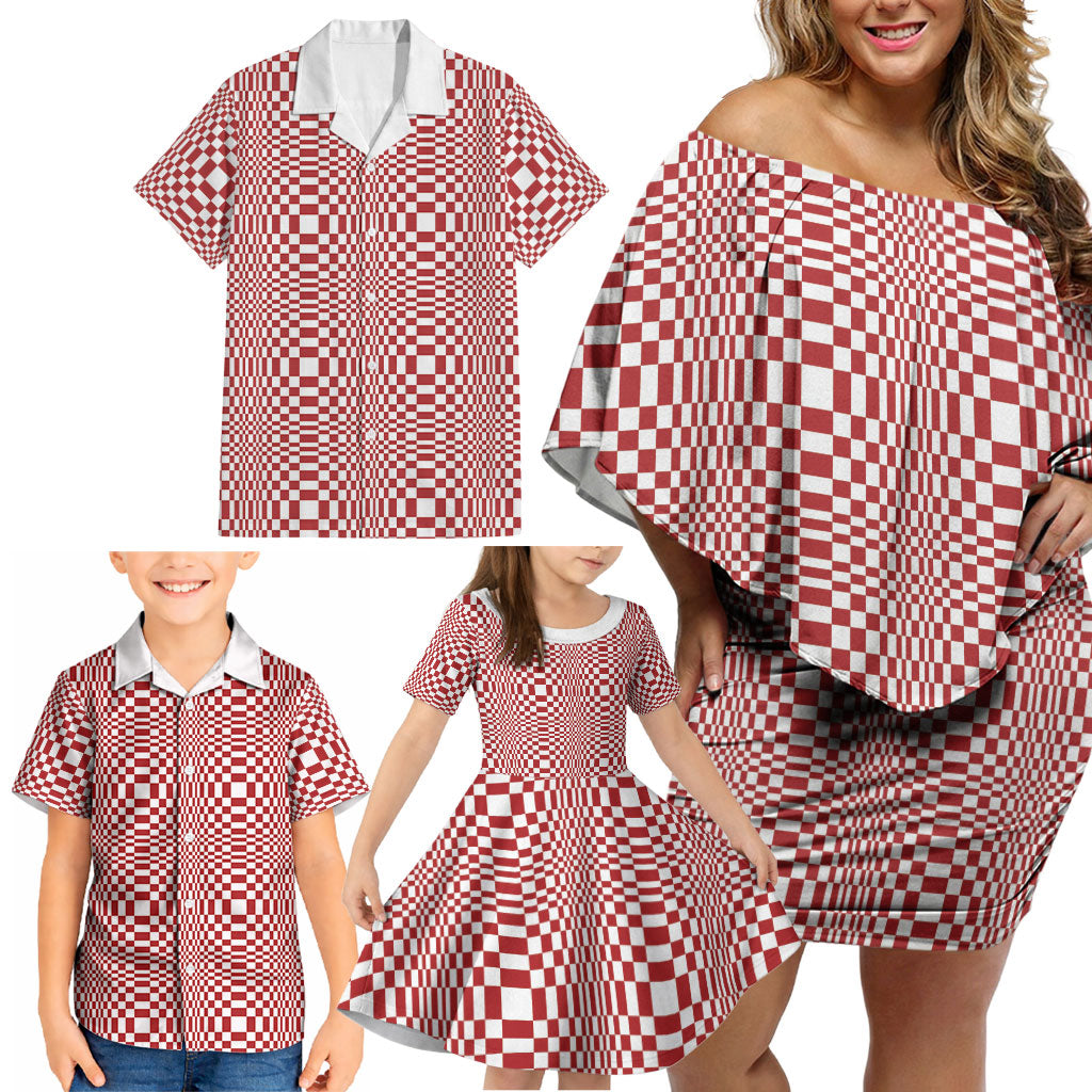 Red White Filipino Binakol Motifs Family Matching Off Shoulder Short Dress and Hawaiian Shirt Mabuhay Philippines Festival Kusikus Pattern
