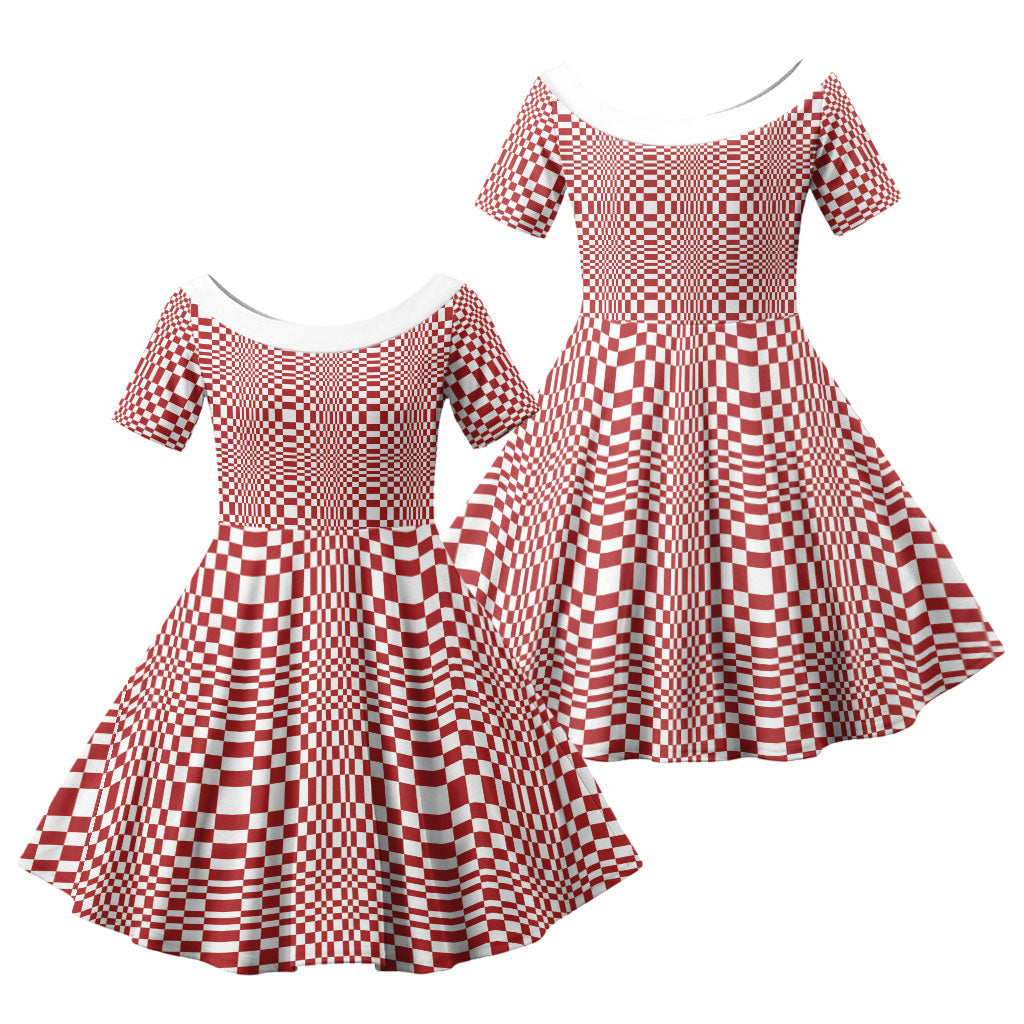 Red White Filipino Binakol Motifs Family Matching Off Shoulder Short Dress and Hawaiian Shirt Mabuhay Philippines Festival Kusikus Pattern LT14 Daughter's Dress Red - Polynesian Pride