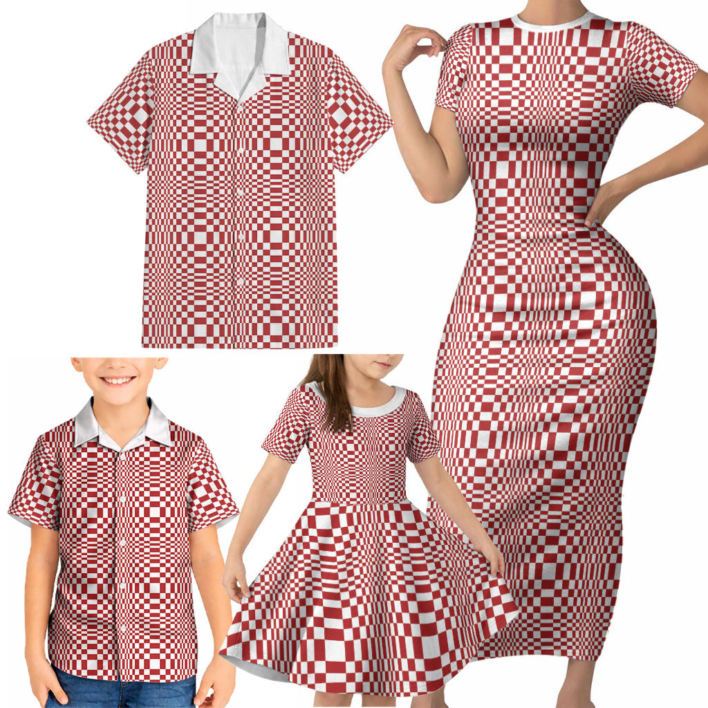 Red White Filipino Binakol Motifs Family Matching Short Sleeve Bodycon Dress and Hawaiian Shirt Mabuhay Philippines Festival Kusikus Pattern