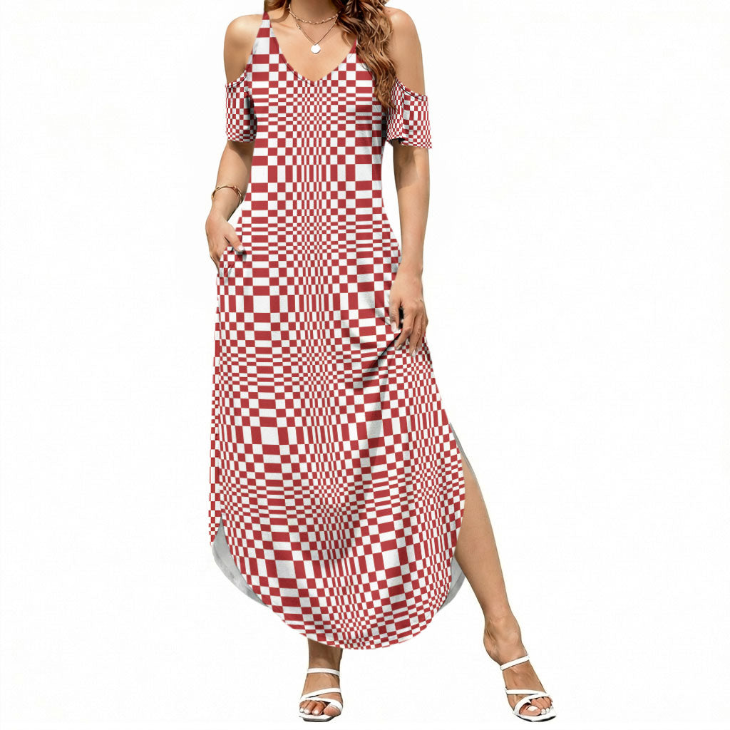 Red White Filipino Binakol Motifs Summer Maxi Dress Mabuhay Philippines Festival Kusikus Pattern LT14 Women Red - Polynesian Pride
