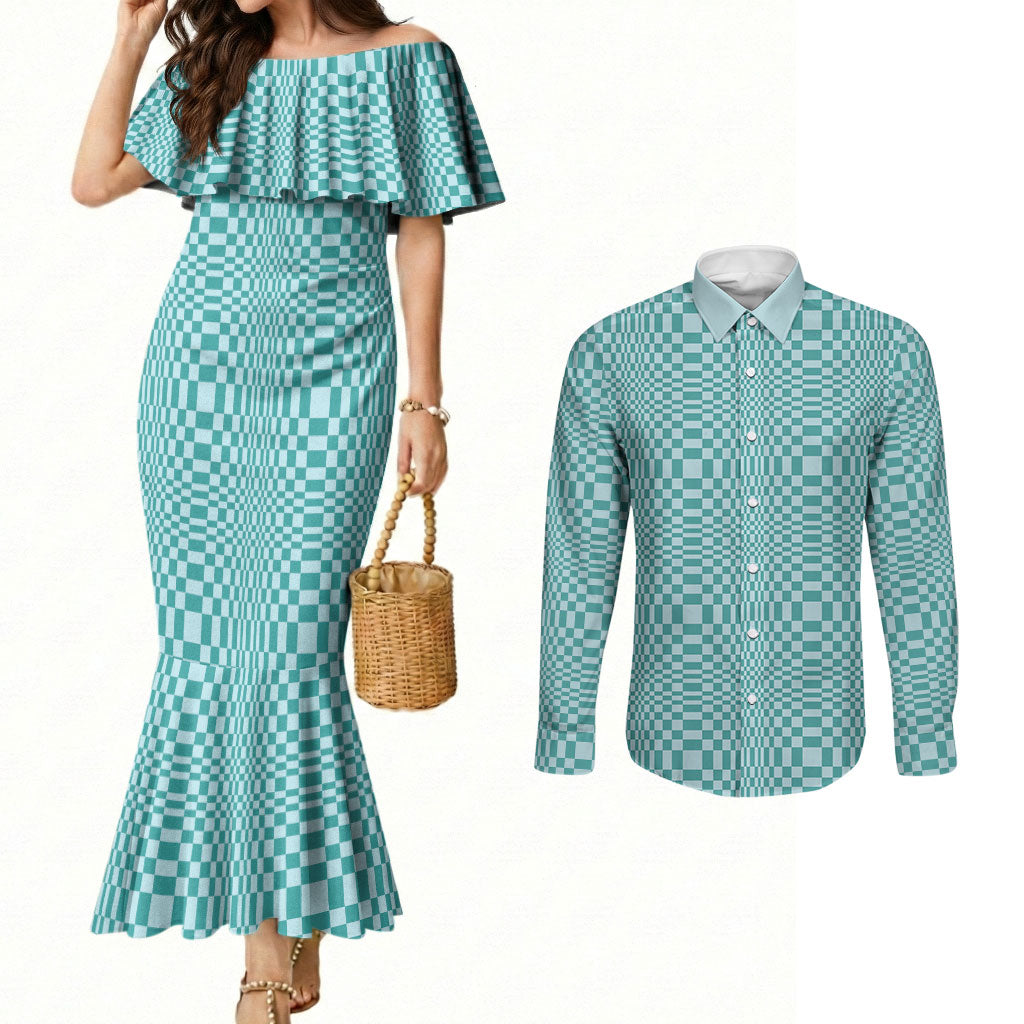 Cyan Filipino Binakol Motifs Couples Matching Mermaid Dress and Long Sleeve Button Shirt Mabuhay Philippines Festival Kusikus Pattern LT14 Cyan - Polynesian Pride