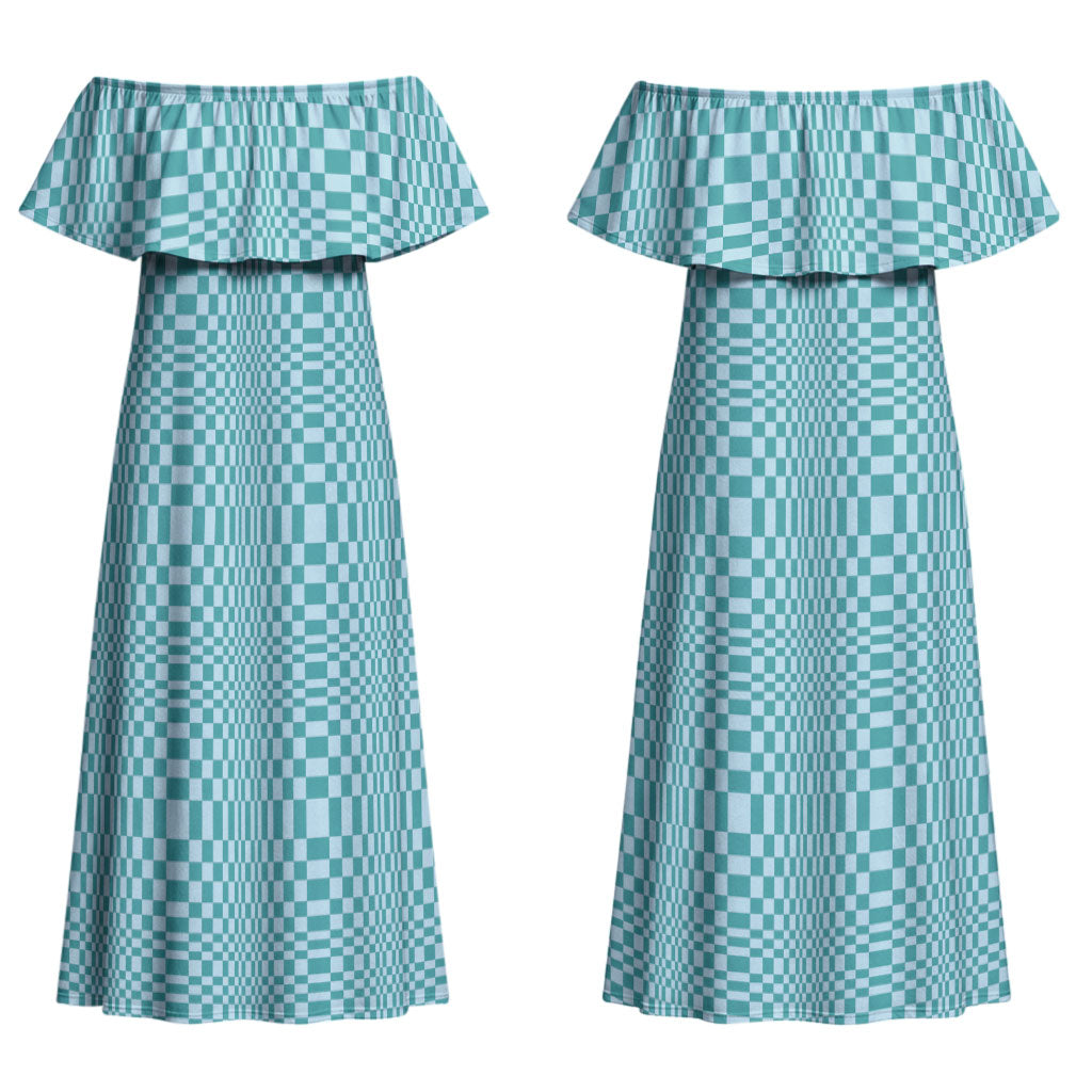 Cyan Filipino Binakol Motifs Couples Matching Off Shoulder Maxi Dress and Long Sleeve Button Shirt Mabuhay Philippines Festival Kusikus Pattern LT14 - Polynesian Pride
