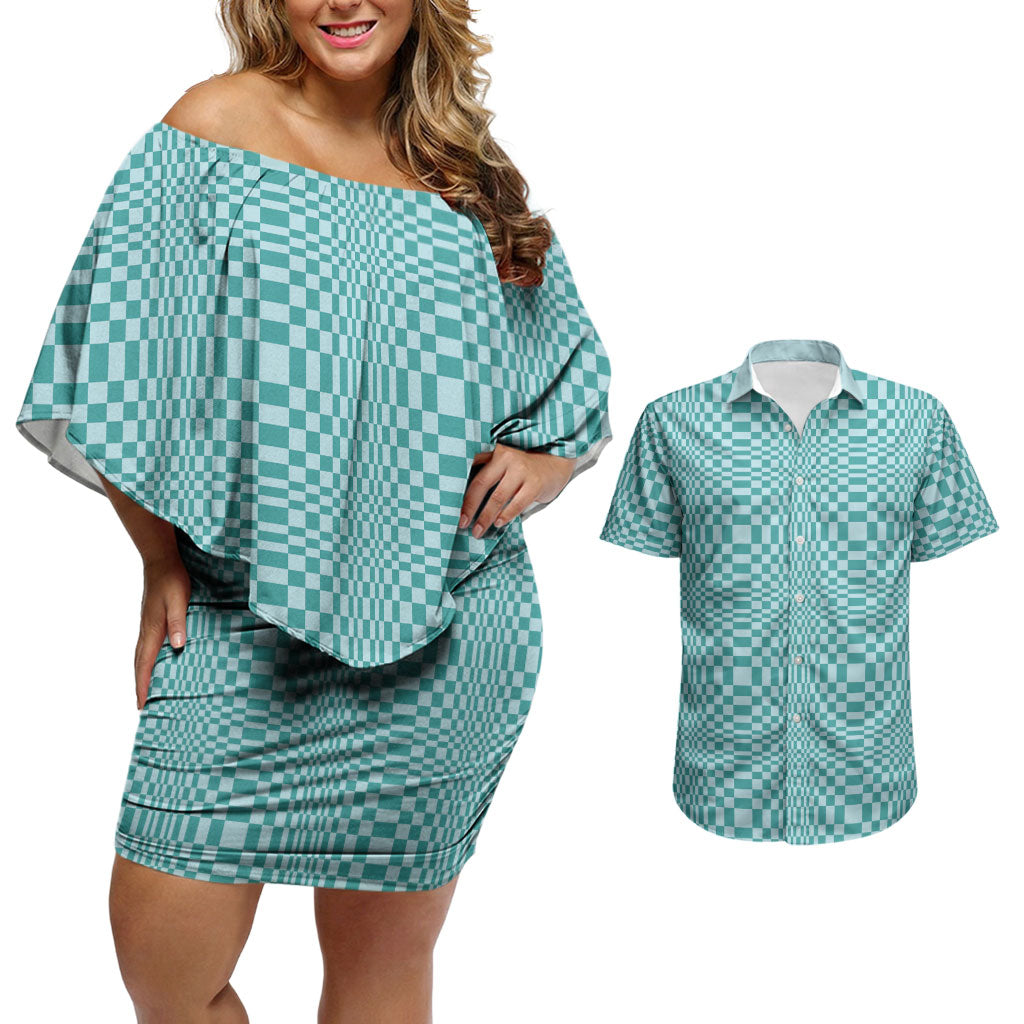 Cyan Filipino Binakol Motifs Couples Matching Off Shoulder Short Dress and Hawaiian Shirt Mabuhay Philippines Festival Kusikus Pattern LT14 Cyan - Polynesian Pride