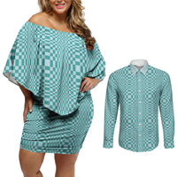 Cyan Filipino Binakol Motifs Couples Matching Off Shoulder Short Dress and Long Sleeve Button Shirt Mabuhay Philippines Festival Kusikus Pattern LT14 Cyan - Polynesian Pride
