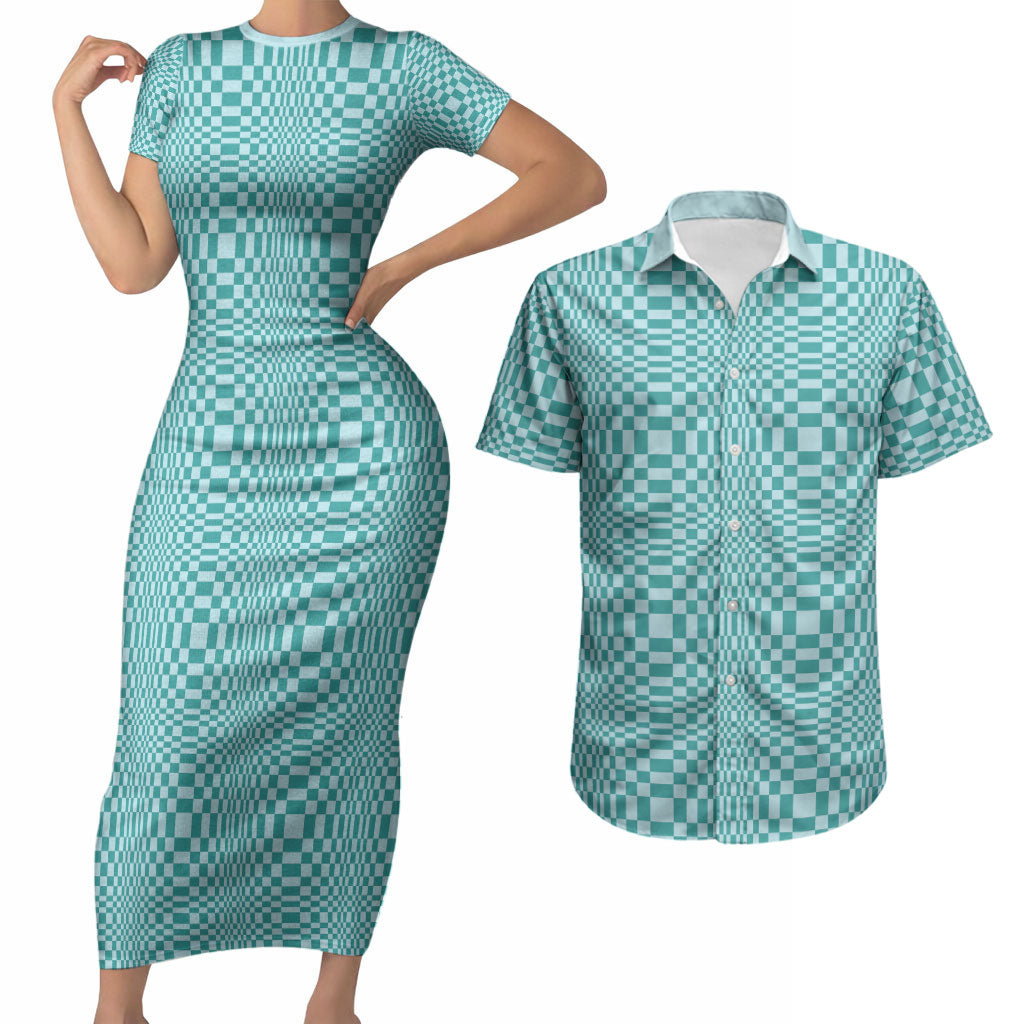 Cyan Filipino Binakol Motifs Couples Matching Short Sleeve Bodycon Dress and Hawaiian Shirt Mabuhay Philippines Festival Kusikus Pattern LT14 Cyan - Polynesian Pride