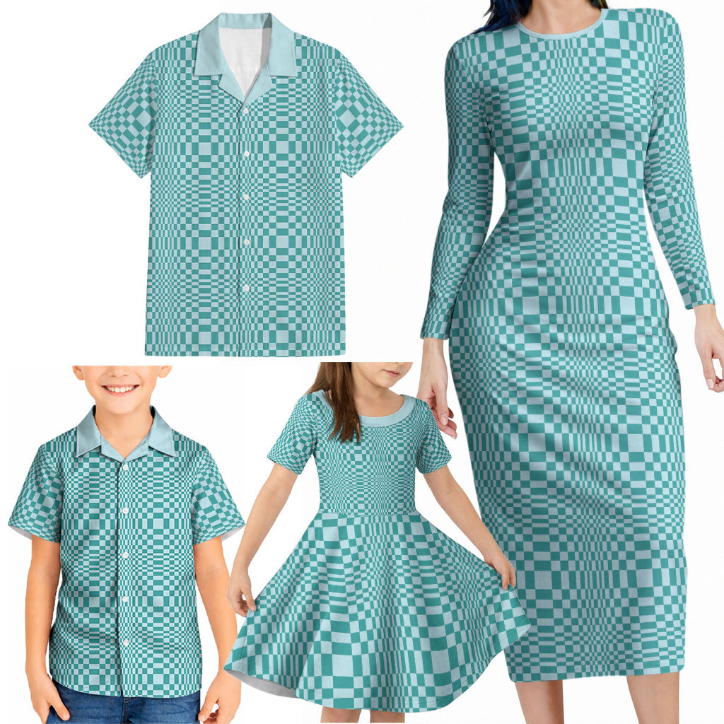 Cyan Filipino Binakol Motifs Family Matching Long Sleeve Bodycon Dress and Hawaiian Shirt Mabuhay Philippines Festival Kusikus Pattern LT14 - Polynesian Pride