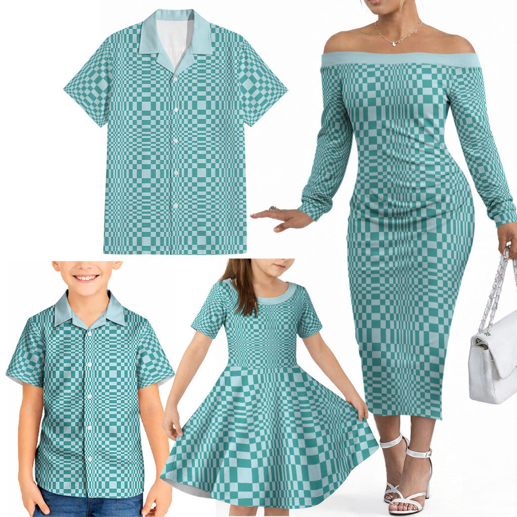 Cyan Filipino Binakol Motifs Family Matching Off The Shoulder Long Sleeve Dress and Hawaiian Shirt Mabuhay Philippines Festival Kusikus Pattern LT14 - Polynesian Pride