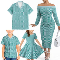 Cyan Filipino Binakol Motifs Family Matching Off The Shoulder Long Sleeve Dress and Hawaiian Shirt Mabuhay Philippines Festival Kusikus Pattern LT14 - Polynesian Pride
