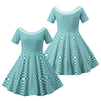 Cyan Filipino Binakol Motifs Family Matching Off The Shoulder Long Sleeve Dress and Hawaiian Shirt Mabuhay Philippines Festival Kusikus Pattern LT14 Daughter's Dress Cyan - Polynesian Pride