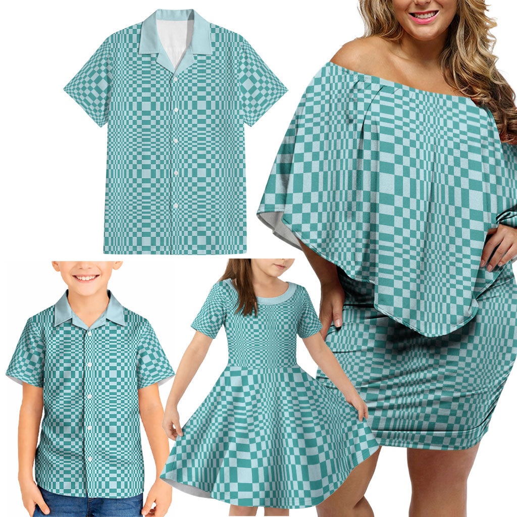 Cyan Filipino Binakol Motifs Family Matching Off Shoulder Short Dress and Hawaiian Shirt Mabuhay Philippines Festival Kusikus Pattern LT14 - Polynesian Pride