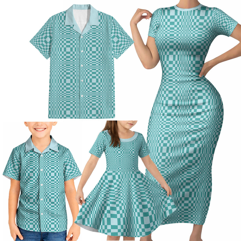 Cyan Filipino Binakol Motifs Family Matching Short Sleeve Bodycon Dress and Hawaiian Shirt Mabuhay Philippines Festival Kusikus Pattern LT14 - Polynesian Pride