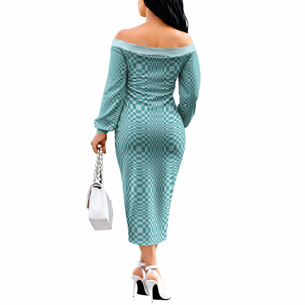 Cyan Filipino Binakol Motifs Off The Shoulder Long Sleeve Dress Mabuhay Philippines Festival Kusikus Pattern LT14 - Polynesian Pride