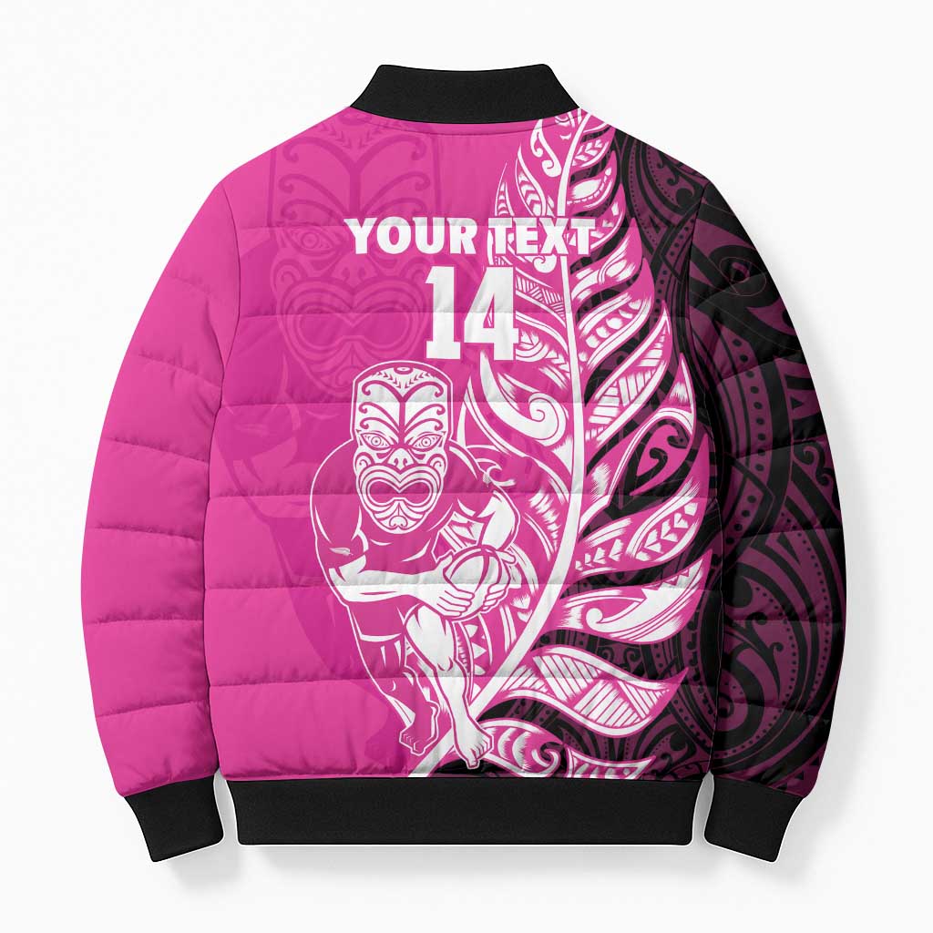 New Zealand Silver Fern Rugby Custom Bomber Puffer Jacket All Black Maori Pattern Pink - Polynesian Pride
