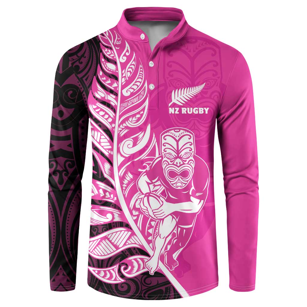 New Zealand Silver Fern Rugby Custom Button Sweatshirt All Black Maori Pattern Pink - Polynesian Pride