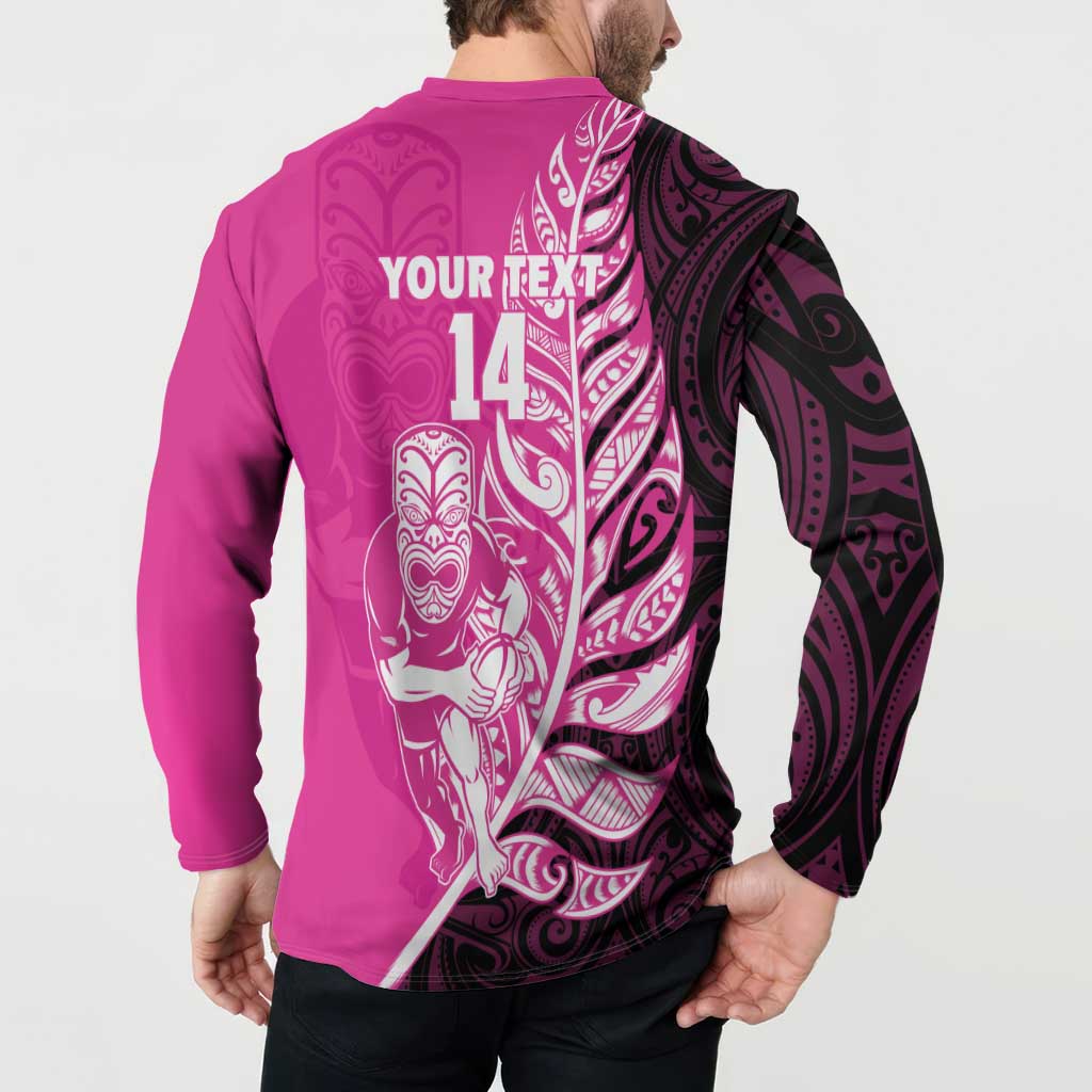 New Zealand Silver Fern Rugby Custom Button Sweatshirt All Black Maori Pattern Pink - Polynesian Pride