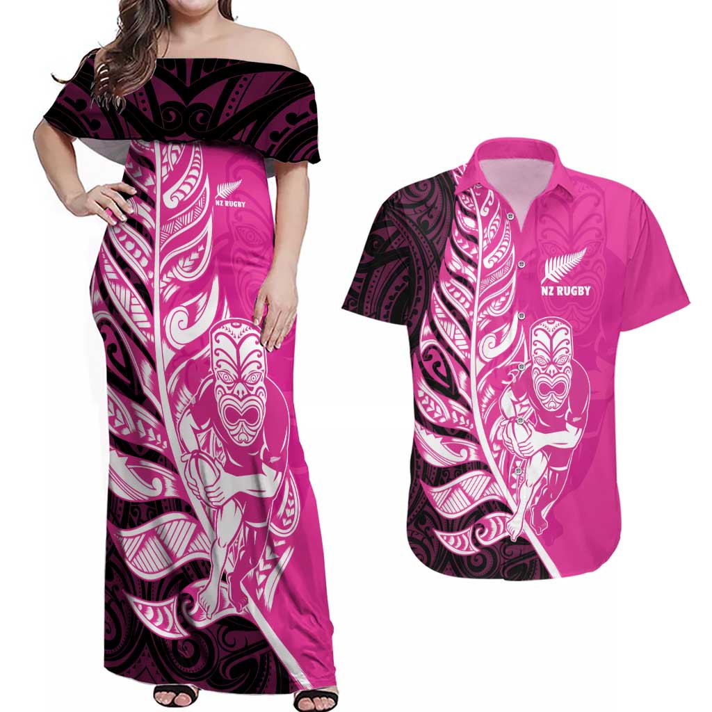 New Zealand Silver Fern Rugby Custom Couples Matching Off Shoulder Maxi Dress and Hawaiian Shirt All Black Maori Pattern Pink LT14 Pink - Polynesian Pride
