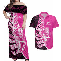 New Zealand Silver Fern Rugby Custom Couples Matching Off Shoulder Maxi Dress and Hawaiian Shirt All Black Maori Pattern Pink LT14 Pink - Polynesian Pride