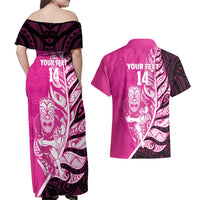 New Zealand Silver Fern Rugby Custom Couples Matching Off Shoulder Maxi Dress and Hawaiian Shirt All Black Maori Pattern Pink LT14 - Polynesian Pride