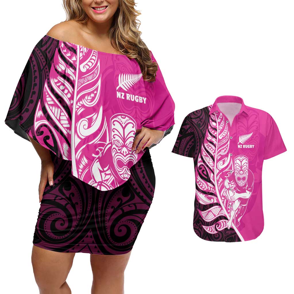 New Zealand Silver Fern Rugby Custom Couples Matching Off Shoulder Short Dress and Hawaiian Shirt All Black Maori Pattern Pink LT14 Pink - Polynesian Pride