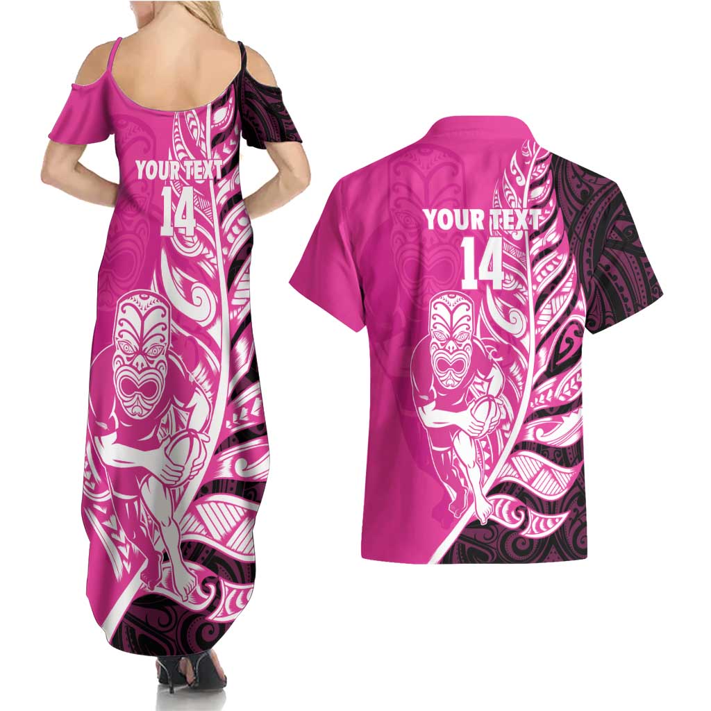 New Zealand Silver Fern Rugby Custom Couples Matching Summer Maxi Dress and Hawaiian Shirt All Black Maori Pattern Pink - Polynesian Pride
