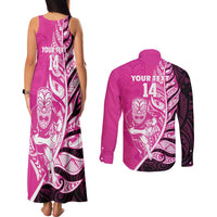 New Zealand Silver Fern Rugby Custom Couples Matching Tank Maxi Dress and Long Sleeve Button Shirt All Black Maori Pattern Pink - Polynesian Pride