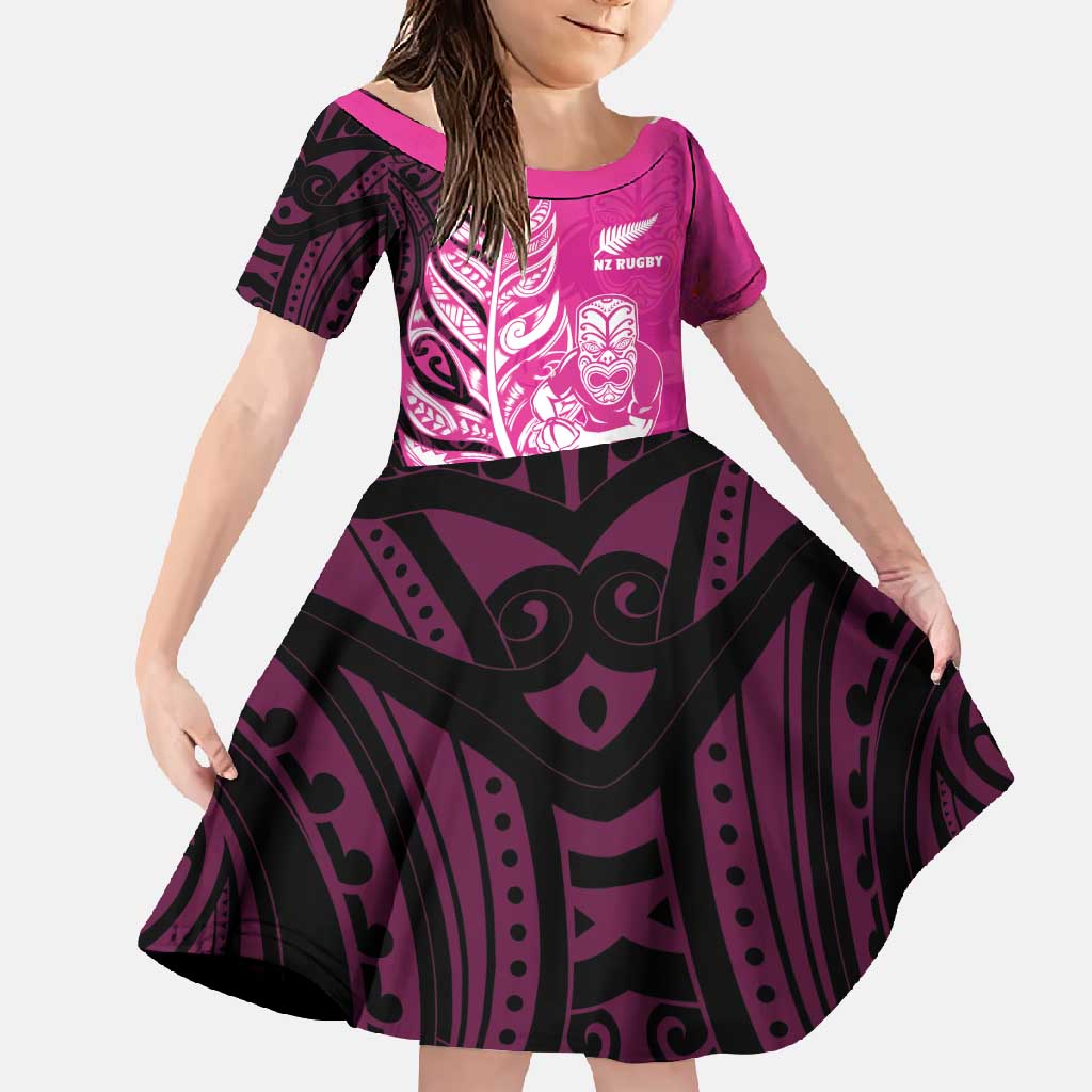 New Zealand Silver Fern Rugby Custom Family Matching Long Sleeve Bodycon Dress and Hawaiian Shirt All Black Maori Pattern Pink LT14 Daughter's Dress Pink - Polynesian Pride