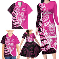 New Zealand Silver Fern Rugby Custom Family Matching Long Sleeve Bodycon Dress and Hawaiian Shirt All Black Maori Pattern Pink LT14 - Polynesian Pride