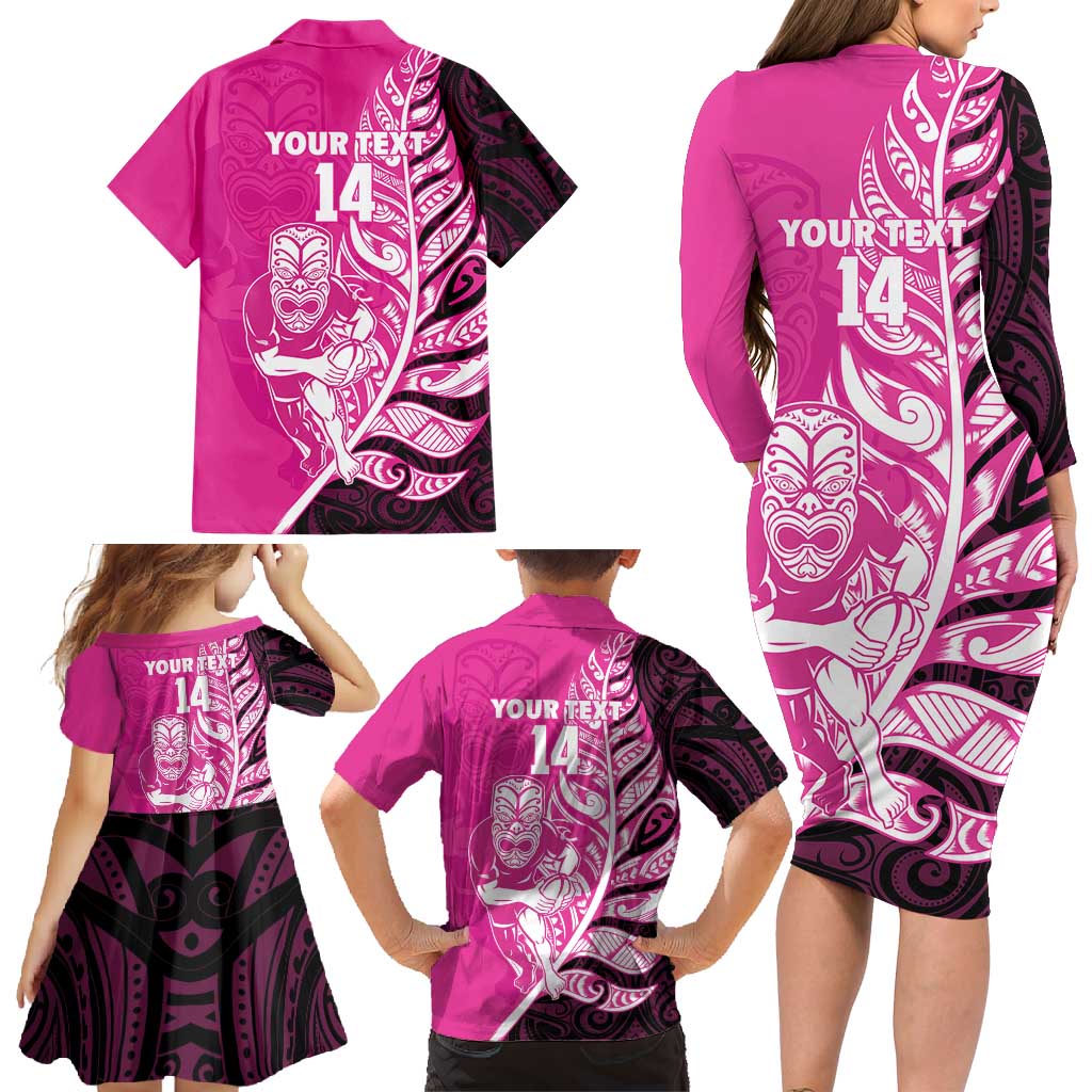 New Zealand Silver Fern Rugby Custom Family Matching Long Sleeve Bodycon Dress and Hawaiian Shirt All Black Maori Pattern Pink LT14 - Polynesian Pride