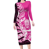 New Zealand Silver Fern Rugby Custom Family Matching Long Sleeve Bodycon Dress and Hawaiian Shirt All Black Maori Pattern Pink LT14 Mom's Dress Pink - Polynesian Pride