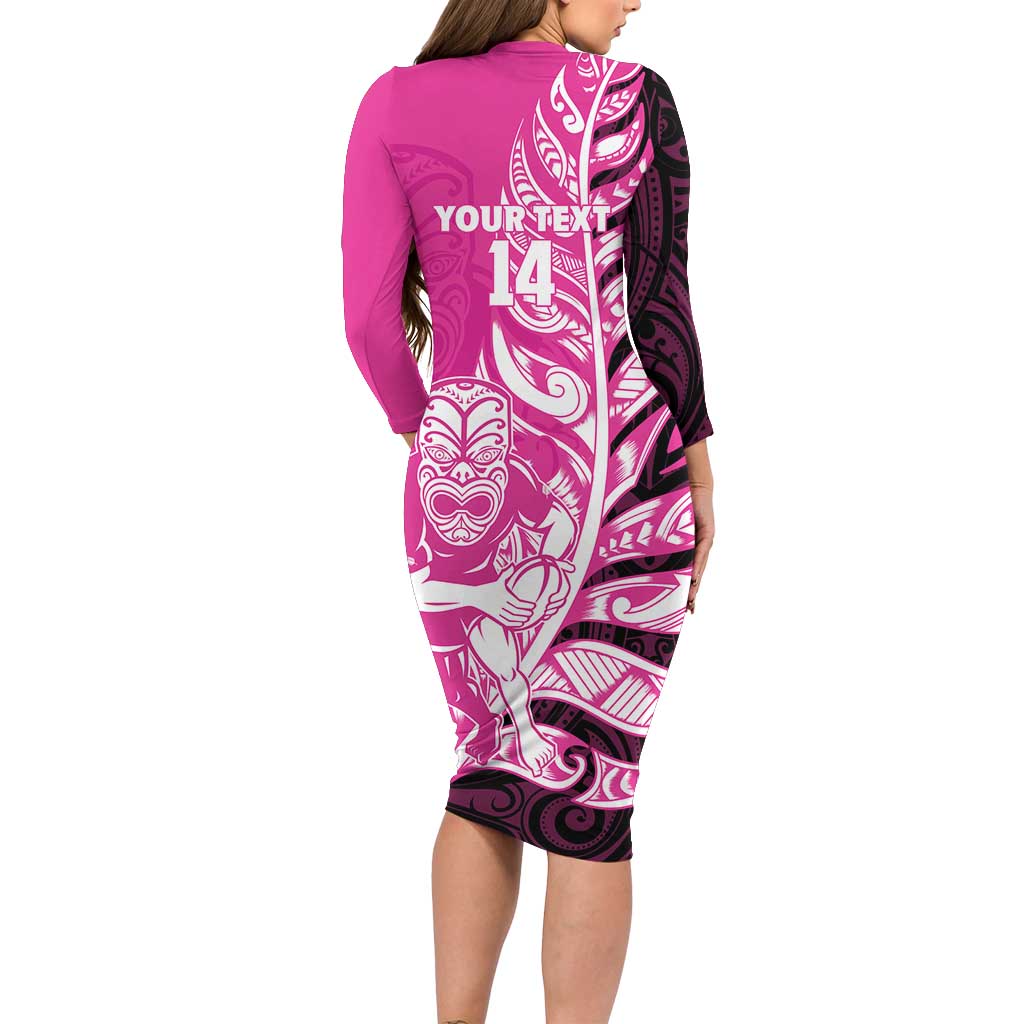 New Zealand Silver Fern Rugby Custom Family Matching Long Sleeve Bodycon Dress and Hawaiian Shirt All Black Maori Pattern Pink LT14 - Polynesian Pride