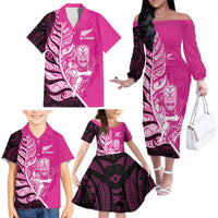 New Zealand Silver Fern Rugby Custom Family Matching Off The Shoulder Long Sleeve Dress and Hawaiian Shirt All Black Maori Pattern Pink LT14 - Polynesian Pride