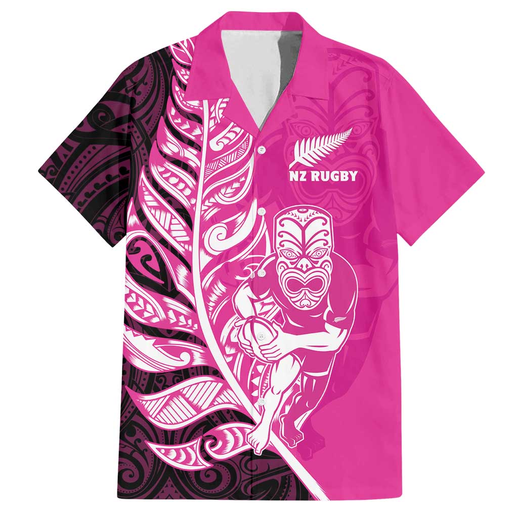 New Zealand Silver Fern Rugby Custom Family Matching Off Shoulder Maxi Dress and Hawaiian Shirt All Black Maori Pattern Pink LT14 Dad's Shirt - Short Sleeve Pink - Polynesian Pride