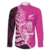 New Zealand Silver Fern Rugby Custom Family Matching Off Shoulder Maxi Dress and Hawaiian Shirt All Black Maori Pattern Pink LT14 Dad's Shirt - Long Sleeve Pink - Polynesian Pride