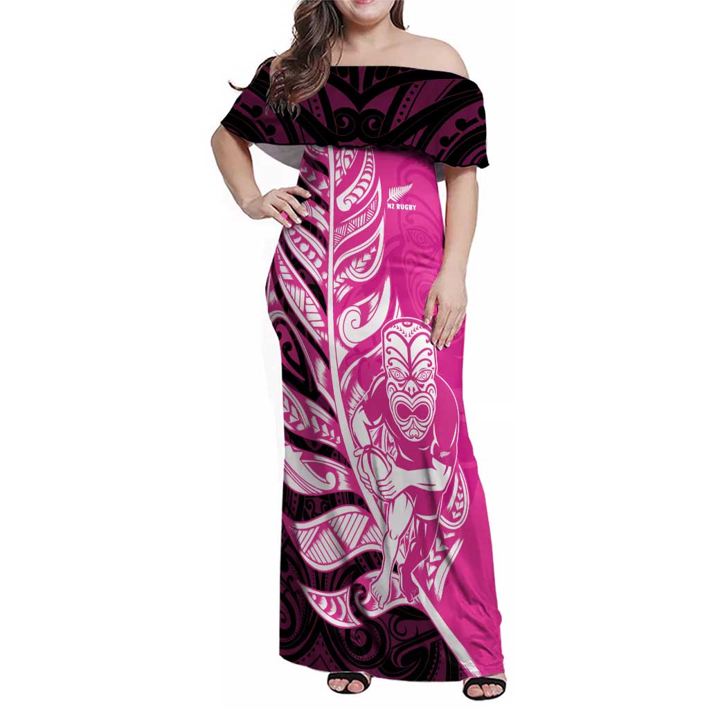 New Zealand Silver Fern Rugby Custom Family Matching Off Shoulder Maxi Dress and Hawaiian Shirt All Black Maori Pattern Pink LT14 Mom's Dress Pink - Polynesian Pride