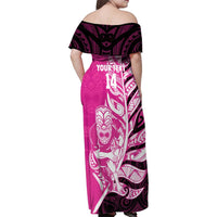 New Zealand Silver Fern Rugby Custom Family Matching Off Shoulder Maxi Dress and Hawaiian Shirt All Black Maori Pattern Pink LT14 - Polynesian Pride