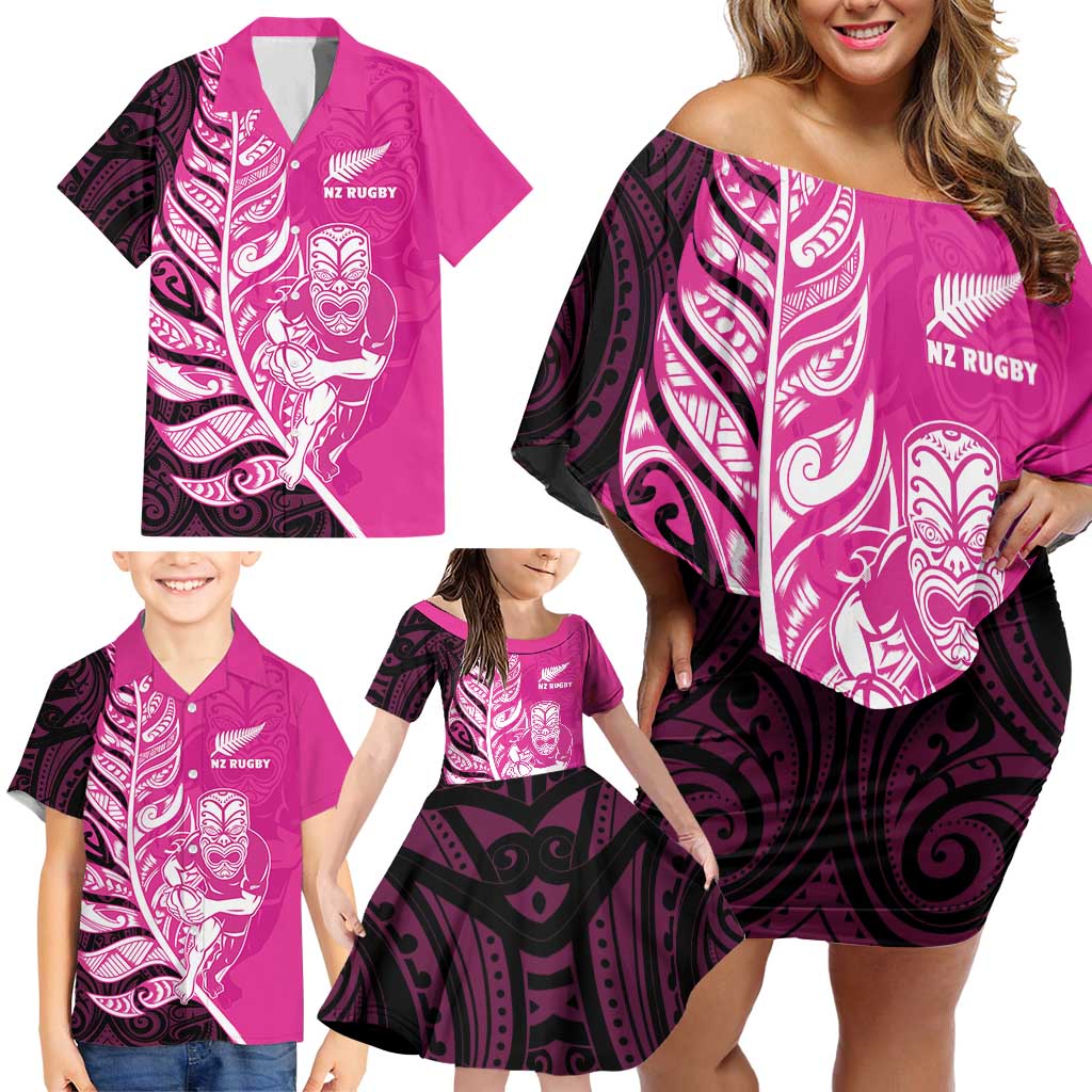 New Zealand Silver Fern Rugby Custom Family Matching Off Shoulder Short Dress and Hawaiian Shirt All Black Maori Pattern Pink LT14 - Polynesian Pride